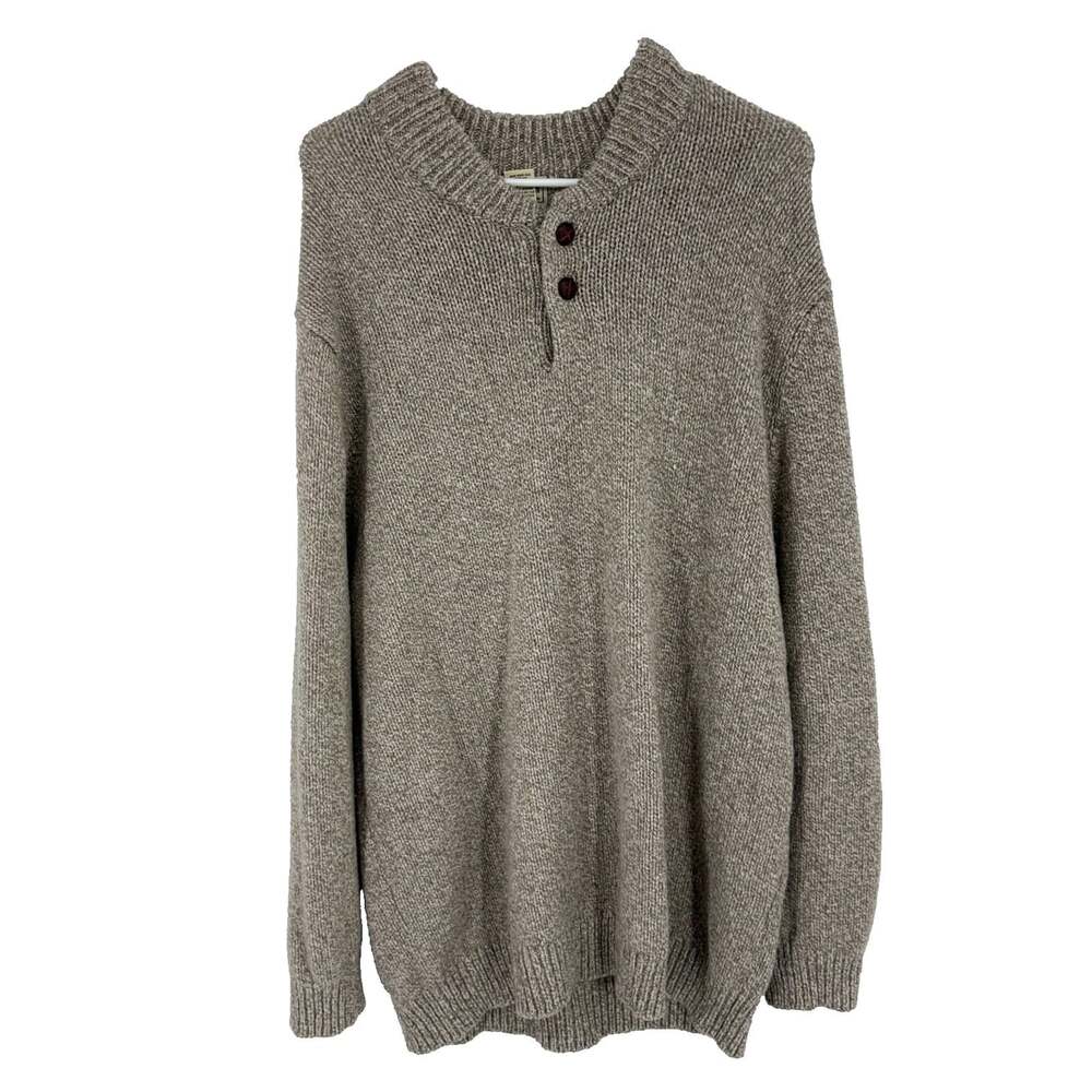 LL Bean Men XXL Tall 100% Wool Sweater Chunky Knit Button Henley Mock Neck Beige